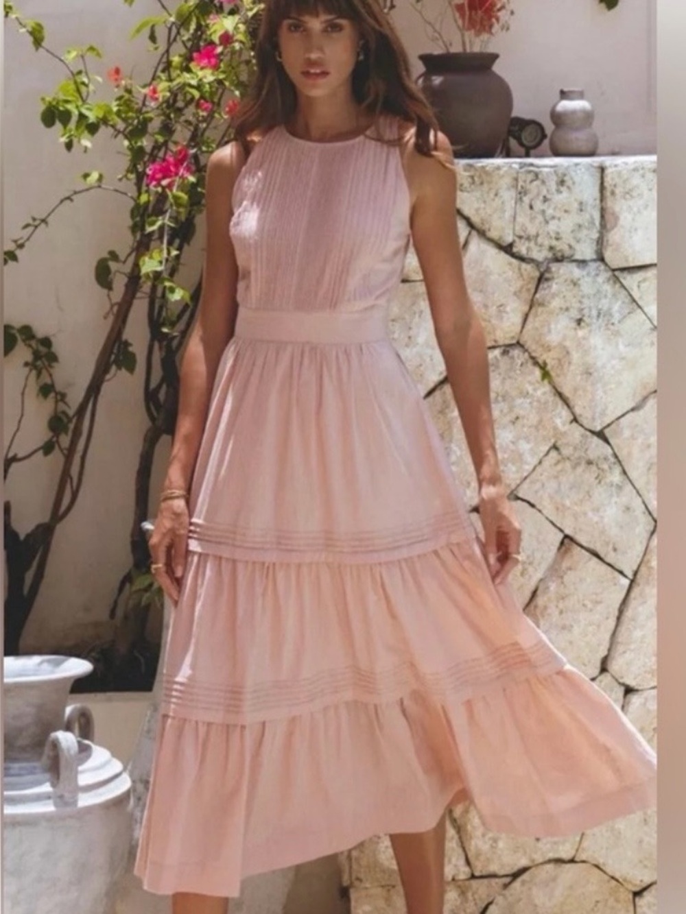 PAMPELONE Perle Cotton Midi Dress Size Medium Light Pink Tan Tiered Size Small S